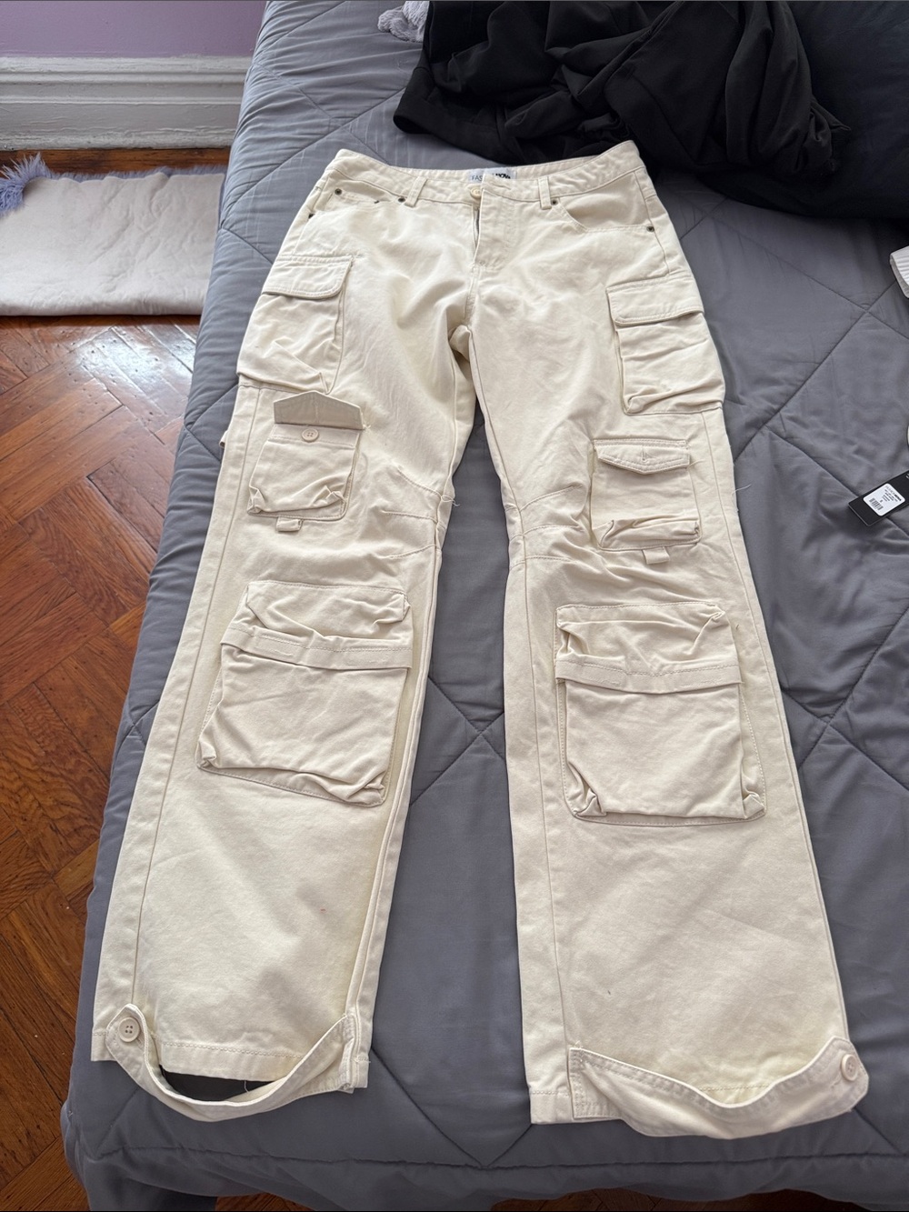 Fashion Nova Men's Cream Cargo Pants with Multiple Utility Pockets